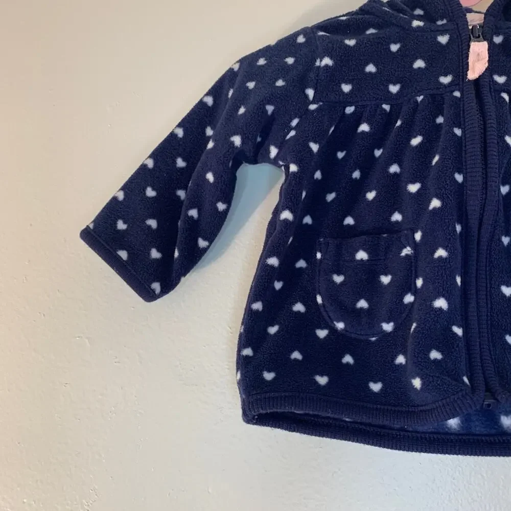 CARTER’S Girl’s Navy with White Hearts Fleece Hooded Zip Up Jacket / Size: 3 Mos